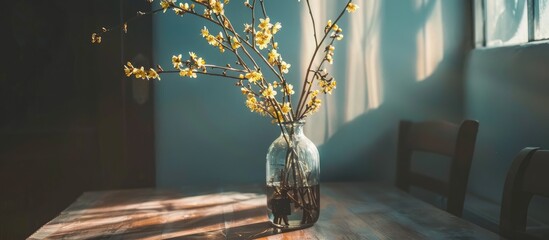 Shrub branch with yellow flowers in a glass vase on a table in a room.