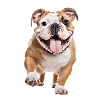 In a Full Body Picture, a Cute English Bulldog, a Happy Dog, is Seen Running and Playing, Isolated on Transparent Background, PNG