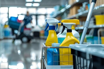 A sharp focus on bright yellow cleaning spray bottles in a shopping cart, symbolizing cleanliness and domestic care