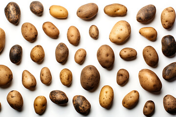 Variety of Potatoes - different sizes, shapes, and colors, neatly arranged against white background - obrazy, fototapety, plakaty