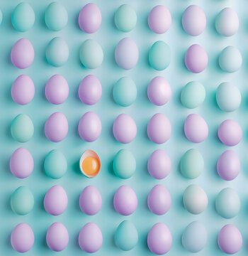 Pastel colorful  template of Easter eggs  with yolk of egg on light background