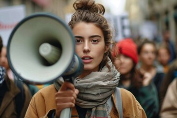 A young woman with a serious expression speaks through a megaphone at a street protest