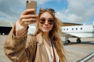 A stylish young woman with sunglasses takes a selfie with a luxurious private jet in the background at an airfield