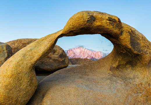 The Snow Capped Sierra Nevada Mountains Framed Inside Mobius Arch, Alabama Hills National Scenic Area, California, USA