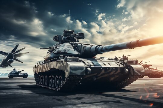 Heavy tank on the sky background. 3d rendering toned image