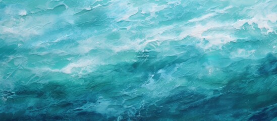 A closeup shot of a painting depicting fluid waves in the aqua ocean, with electric blue hues and...