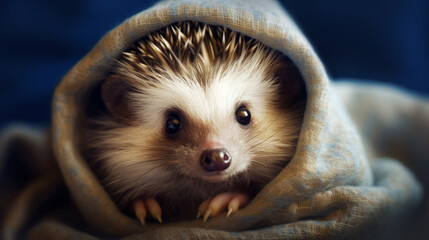Close-up of an adorable rescued hedgehog wrapped in a cozy blanket