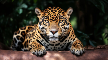 Portrait of a jaguar lying on a riverbank in the Amazon jungle