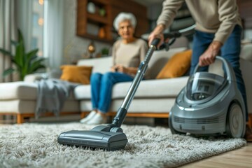 Close-up of a vacuum cleaner being used, senior woman watching from the couch, warm home setting - obrazy, fototapety, plakaty