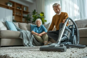 A domestic setting with two persons and a vacuum cleaner signifies daily household chores