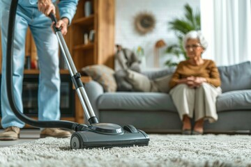 A person vacuuming a shaggy carpet, senior woman seated on the couch in the background, daily life captured