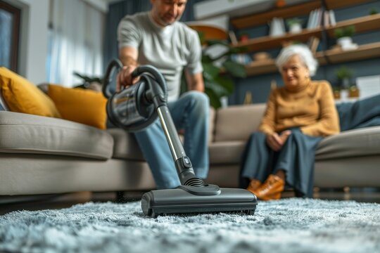 A man vacuums a carpet while an elderly woman observes, depicting daily domestic activities and family roles