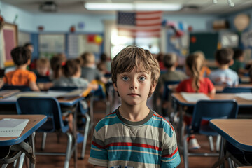 A student in the primary classes who was looking in wonder at the back of the class. US primary school, education concept