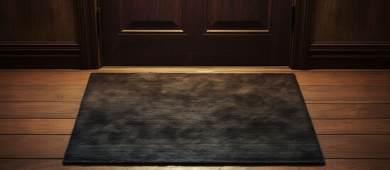 A brown rectangular door mat made of hardwood is placed on the woodstained plywood flooring in front of the door. The pattern adds a touch of elegance to the building material - obrazy, fototapety, plakaty