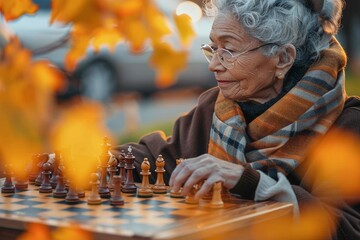 An elderly woman deeply focused on a chess game in a park with autumn leaves falling, symbolizing strategy and aging