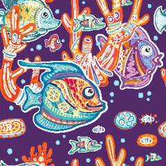 Seamless Pattern with Decorative fishes and Corals - 761821487