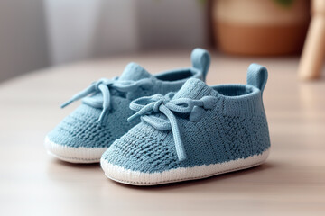 Footwear for newly-born child. Tiny blue shoes or bootees for kid. Concept of childcare