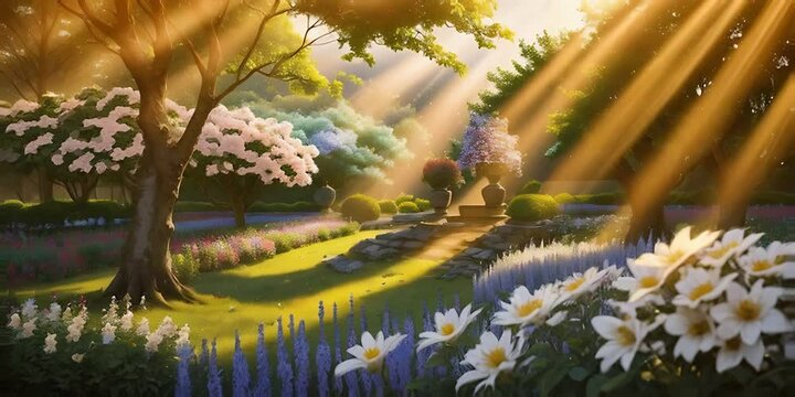 beautiful sereen summer sunlight grass field with flowers the sun shines through the trees and flowers, in the style of masterpiece, cinematic, photo realistic