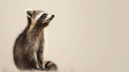 Raccoon sitting on the white wall. Grunge background.