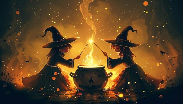  illustration of two cute cartoon witches
