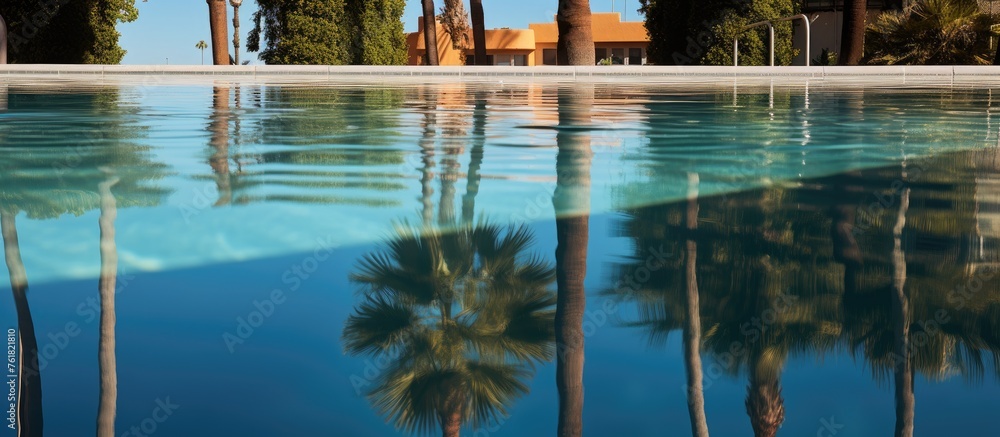 Poster a property with a swimming pool surrounded by palm trees, their reflection shimmering in the azure w