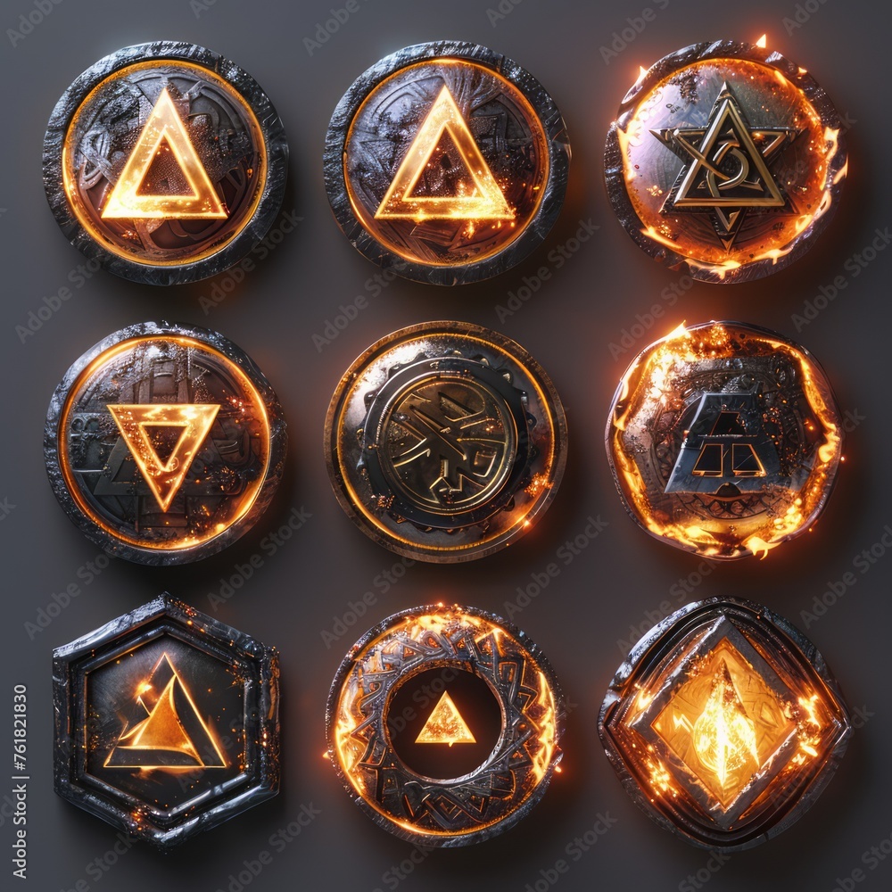 Wall mural Set of stone runes, isolated. Druid runes for game with different magic symbols