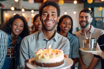 Delighted man with a big smile presenting a birthday cake at a party with friends around him