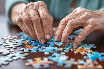 Close-up of elderly hands meticulously placing a puzzle piece, showcasing dexterity and concentration