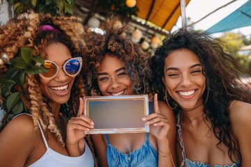 Smiling women with curly hair pose playfully behind a blank small chalkboard in a bright outdoor setting