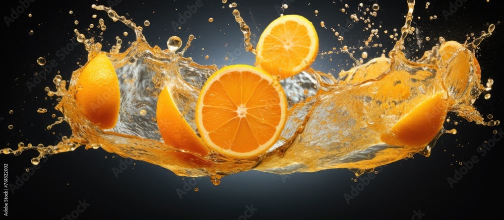 Poster amber valencia orange slices are cascading into a vibrant splash of juice, creating a mesmerizing ar