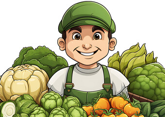 Male vendor, green cap, overalls, standing in stall, fresh vegetables, white backdrop