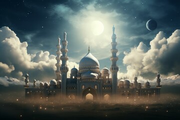 Mysterious Mosque clouds moon. Crescent sky. Generate Ai