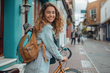 Fototapeta na wymiar Radiant young lady with curly hair smiles while standing with her bike, inviting street view