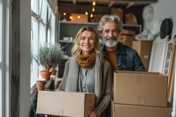 Mature couple holding cardboard boxes smiles warmly in their cozy new home