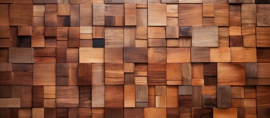 A detailed closeup of a brown hardwood wall constructed with rectangular wooden squares, showcasing the intricate craftsmanship of the building material