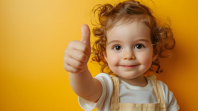 a toddler giving a thumbs up on yellow background, cute baby