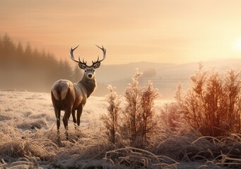 The majestic deer stands against the background of frost-covered trees in the dawn sunlight. Winter landscape, wallpaper.