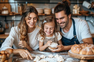 Happy family of three bonding over baking pastries in a well-equipped modern kitchen, full of smiles and joy