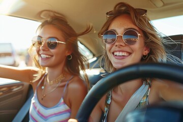 Two friends in a car on a road trip, laughing and enjoying the sunny weather together - obrazy, fototapety, plakaty