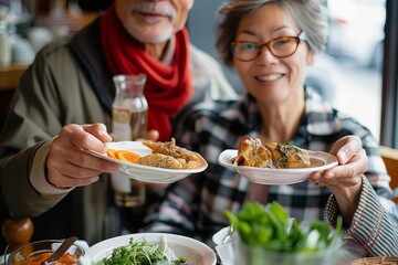 Elderly couple smiling and offering food at the camera in a restaurant setting - obrazy, fototapety, plakaty