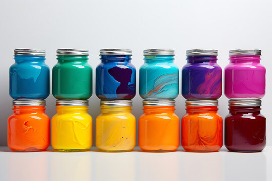 Vibrant Collection of Colored Paints in Glass Jars