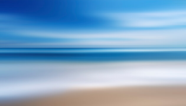 A motion blurry image of a beach with a blue sky in the background. The water is calm and the sky is clear,  abstract tropical seascape, sea with waves of sand and blue sky with white clouds