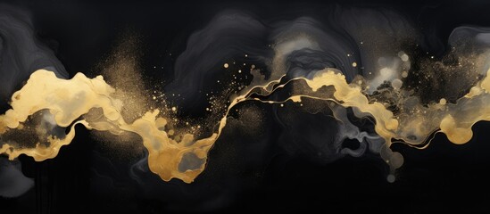 A stunning black and gold abstract painting on a dark background, resembling a sky full of cumulus clouds reflecting the heat and darkness of a mysterious event, blending art with science - obrazy, fototapety, plakaty