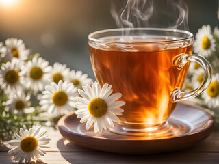 chamomile tea in a transparent cup on a summer sunny background