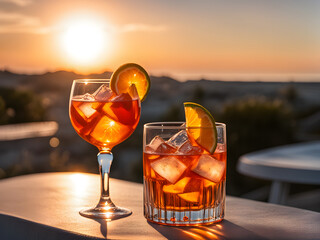 orange alcohol cocktail against the summer sun background