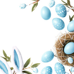 Fototapeta na wymiar Easter themed border with blue eggs in a nest and bunny ears. Easter background for social media post templates