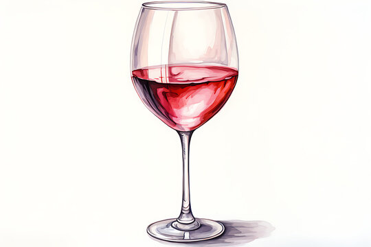 Illustrated glass of red wine, reflections on glass surface, subtle shadow under base, on white background