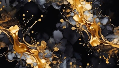 Epoxy resin texture with gold and black background. Luxurious abstract liquid art painting using the technique of alcohol ink, liquid art, liquid oil. Abstract marble waves painted with crushed gold.