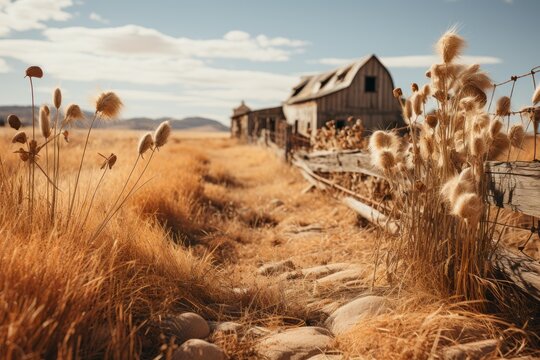 An old barn stands alone in a vast dry grass field under the cloudy sky