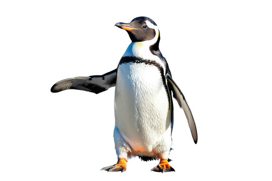 Smiling penguin, full body, waving, isolated, white background, high-resolution stock photo, studio lighting, clear focus, ultra realistic